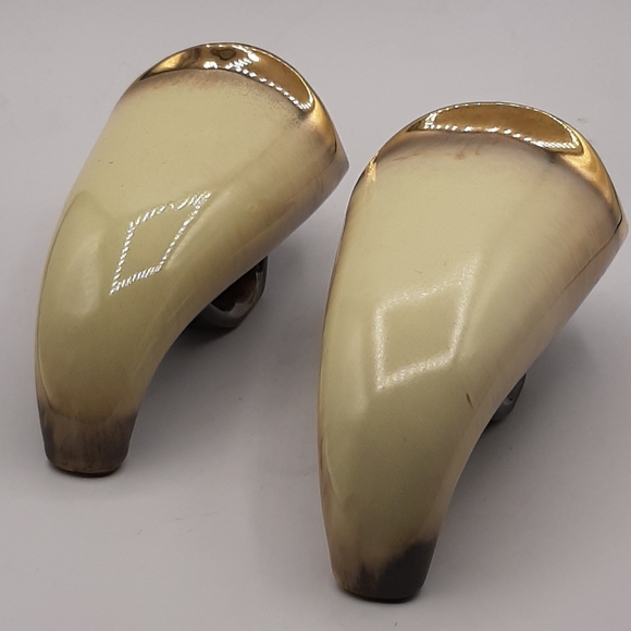 Pair of Vintage Handmade Unique Ceramic Horns on Stand Glazed Gold Trim - Picture 3 of 8